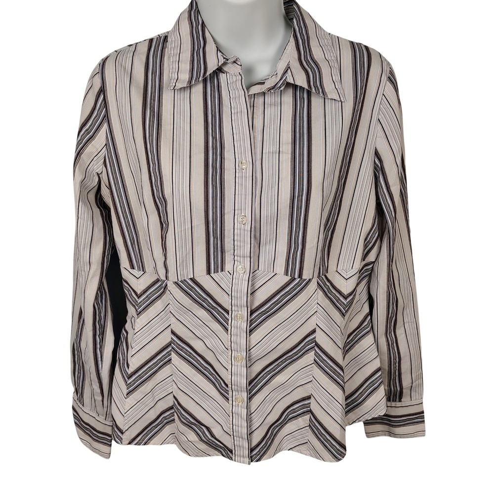Apt. 9 Petite Brown Blue Striped Button Down Shirt PM Long Sleeve Blouse quiet